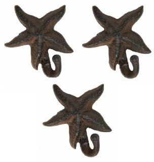 Set of 3 Primitive Cast Iron Starfish Decorative Wall Hooks   Nautical Beach Decor   Coat Hooks
