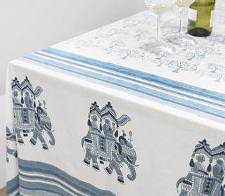 blue hand printed tablecloth by indian garden company.