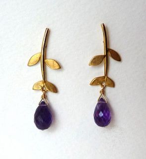 gold plate tabatha leaf studs with gemstone by blossoming branch