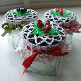 set of three handmade berry jar covers by cookie crochet