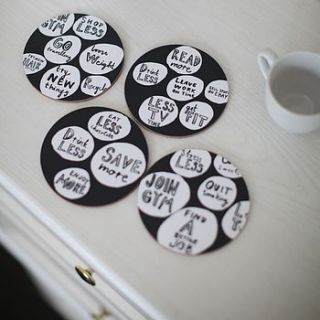 set of four 'new years resolution' coasters by karin Åkesson