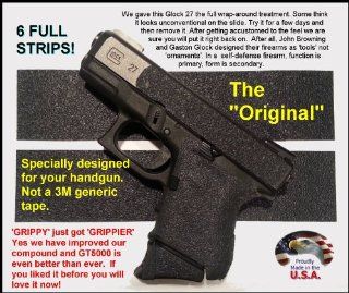 6 Pack GT 5000 Grip Tape for Your Pistol * Use on handguns and rifles * Not gritty like sandpaper or skateboard tape. * Does not scuff clothing, holsters, furniture or car seats like those sandy tapes. * Makes chambering a round easier for arthritis suffer