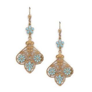 Catherine Popesco 14K Gold Plated Filigree Sky Blue Enamel Flowers Dangle Earrings Jewelry