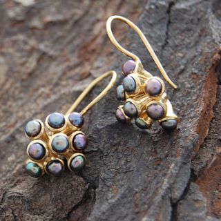 gold and pearl cluster drop earrings by embers semi precious and gemstone designs