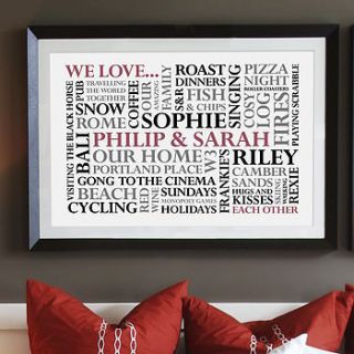personalised 'we love' word art print by cherry pete