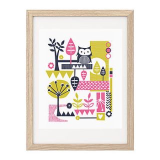 folk inspired owl forest screen print by bubble and tweet