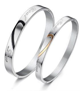 His or Hers Matching Set Couple Titanium Bangle Bracelet Heart with Heart Magnetic Simple Korean Style Anti fatigue in a Gift Box (Hers) Jewelry