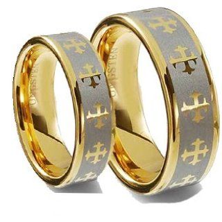 Tungsten Carbide His (8mm) & Hers (6mm) Gold Celtic Cross Engraved Wedding Ring Band Set Jewelry