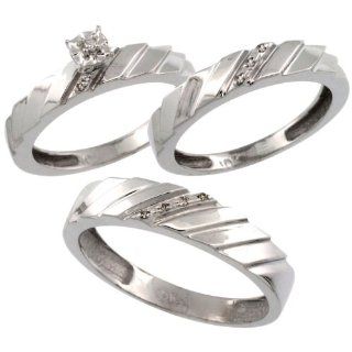 10k White Gold 3 Pc. Trio His (5mm) & Hers (4mm) Diamond Wedding Ring Band Set, w/ 0.075 Carat Brilliant Cut Diamonds (Ladies' Sizes 5 10; Men's Sizes 8 to 14) Jewelry