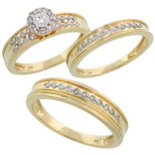 14k Gold 3 Piece Trio His (5mm) & Hers (3.5mm; 6mm) Wedding Band Set, w/ 0.72 Carat Brilliant Cut Diamonds; (Men's size 8.5 to 12.5); Ladies' size 8.5 Wedding Ring Sets Jewelry