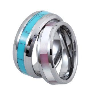 Comfort Fit High Polish Tungsten Carbide Rings 8mm with Synthetic Turquoise Inlay His & 6mm with Pink Shell Inlay Hers Set Aniversary/engagement/wedding Bands Set. Please E mail Sizes Jewelry