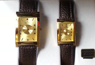 Charles Raymond His & Hers Designer Watches Brown Leather Band with Gold Face Watch Set 