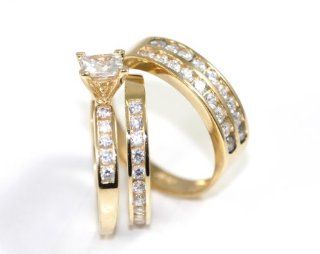 14k Yellow Gold CZ Ladies & Men His Hers Bridal Ring Engagement Wedding Trio Set   1 Jewelry