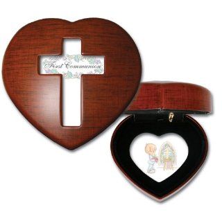 Precious Moments First Communion Boy Woodgrain Mini Heart Music Box / Jewelry Box Plays Jesus Loves Me  