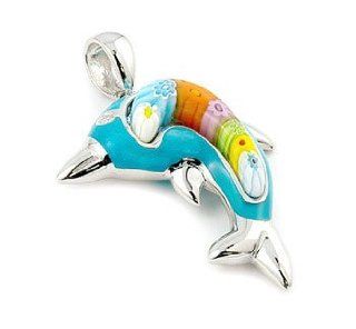Italian Murano Glass Beads Dolphin Pendant in Sterling Silver Jewelry