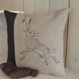 chocolate hare hessian cushion by rustic country crafts