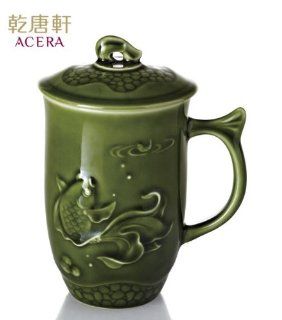 Linn's Arts/Acera Liven乾唐軒活瓷 Live Porcelain Tourmaline Anion Mug Series   "Merriment Fish" Green Glaze. The Liven China Alexandrite Glazed Ceramic Products Are Famous for Having the Ability to Transform Ordi