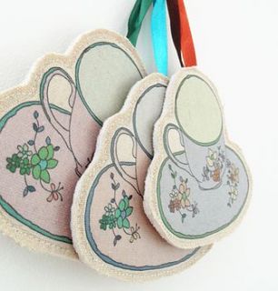 set of four vintage teacup decorations by hannah stevens