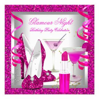Glitter Hot Pink Glamour Night Martini Party Custom Invites