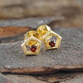 gold garnet geometric stud earrings by embers semi precious and gemstone designs