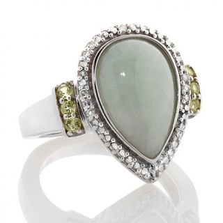 Sterling Silver Pear Shaped Green Jade and Peridot Ring with Diamond Accents