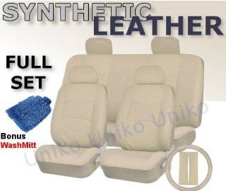 Full Set Pu Cream LEATHER Universal Synthetic 11pc Car Seat Covers WHITE Color Free Bonus Steering Wheel & Shoulder Pads Automotive
