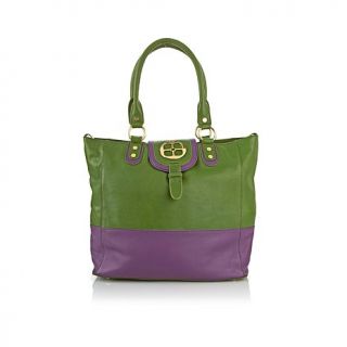 IMAN Platinum Luxury Leather Colorblock Tote with Logo Flap