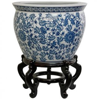 Oriental Furniture 18" Floral Blue and White Porcelain Fishbowl