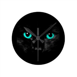 Black Cat Green Eyes Round Wall Clock