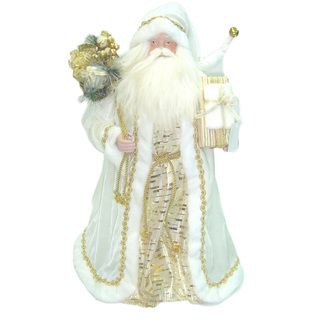 White/Gold Fabric Robe Vintage Santa Standing Holding Presents and Gift Bag Seasonal Decor