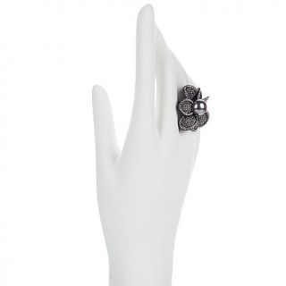 Joan Boyce "Two Tone Treasure" Gray Simulated Pearl and Crystal Flower Ring