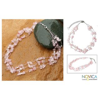 'Clouds' White Freshwater Pearl Rose Quartz Necklace (4 mm) (Thailand) Novica Necklaces