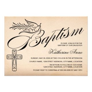 Elegant Vintage Script Cross and Dove Baptism Invite