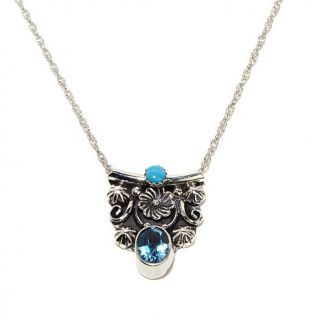 Chaco Canyon Couture Turquoise and Swiss Blue Topaz "Flower" Drop 18" Sterling
