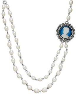 Genevieve & Grace Sterling Silver Cultured Freshwater Pearl (6 9mm), Blue Agate Cameo (9 1/2 ct. t.w.) and Marcasite Station Necklace   Necklaces   Jewelry & Watches
