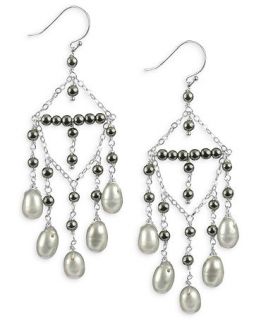 Sterling Silver Earrings, Grey and White Cultured Freshwater Pearl and Hematite Chandelier Earrings   Earrings   Jewelry & Watches