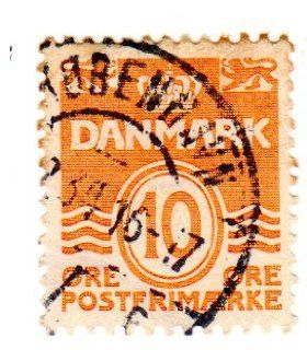 Postage Stamps Denmark. One Single Used 10o Yellow Orange Wavy Lines and Numeral of Value Stamp Dated 1933 40, Scott #228. 
