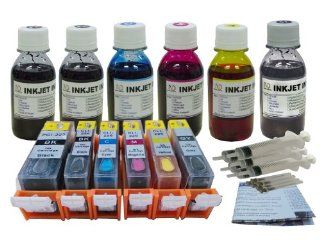 ND TM Brand Refillable Ink Cartridges for Canon PGI 225 CLI 226 with Auto Reset Chips (ARC) Pixma MG6120 MG6220 MG8120 MG8120B MG8220 (Pre Filled 6 packs) + 6 Bottles 100ml ND Brand UV resistant Bulk Refill Ink+6 Syringes and detail refill instruction. 