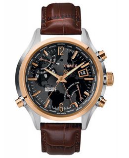 Timex Watch, Mens Premium Intelligent Quartz World Time Brown Leather Strap 44mm T2N942AB   Watches   Jewelry & Watches