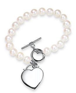 Pearl Bracelet, Sterling Silver Cultured Freshwater Pearl (7 8mm) Heart Toggle Bracelet   Bracelets   Jewelry & Watches
