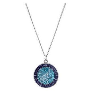 Blue Saint Christopher Round Enameled Solid Sterling Silver Protect Us Necklace 19.00 MM Pendant Necklaces Jewelry