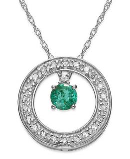 10k White Gold Necklace, Emerald (1/5 ct. t.w.) and Diamond (1/10 ct. t.w.) Circle Pendant   Necklaces   Jewelry & Watches