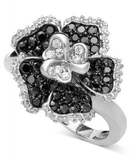 Diamond Ring, Sterling Silver Black and White Diamond Flower (1/2 ct. t.w.)   Rings   Jewelry & Watches