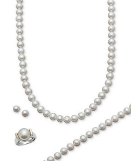 Belle de Mer Pearl Jewelry Set, 14k Gold and Sterling Silver Cultured Freshwater Pearl Necklace, Bracelet, Ring, and Stud Earring Set   Jewelry & Watches