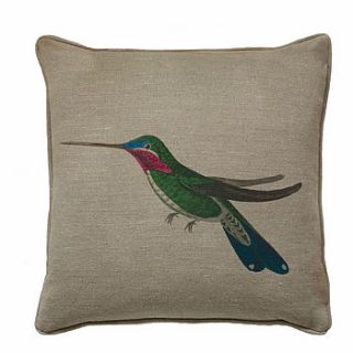 crimson hummingbird cushion on natural linen by natural history