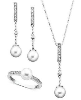 Sterling Silver Pendant, Earrings and Ring Set, Diamond (1/5 ct. t.w.) and Cultured Freshwater Pearl   Jewelry & Watches