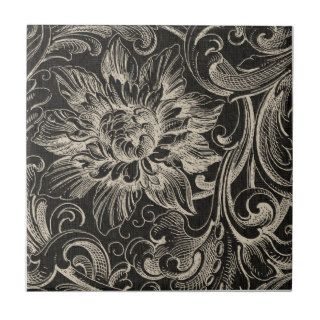 Elegant Vintage Black and Cream Florals and Damask Tiles