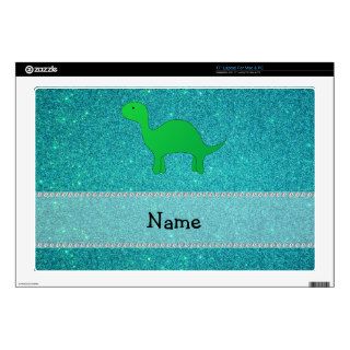 Personalized name dinosaur turquoise glitter laptop skin