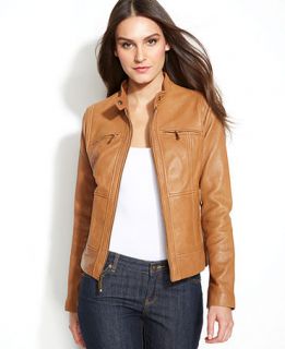 MICHAEL Michael Kors Seamed Zip Front Leather Jacket   Coats   Women