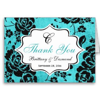 Aqua Black White Floral Damask Thank You Card Greeting Card